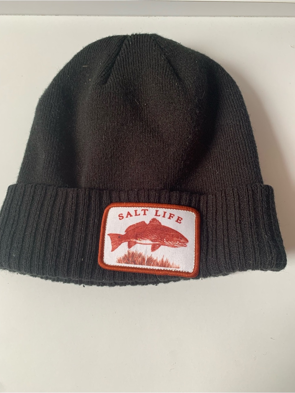 Salt Life Black Knit Cuffed Beanie Hat - Redfish Patch One Size